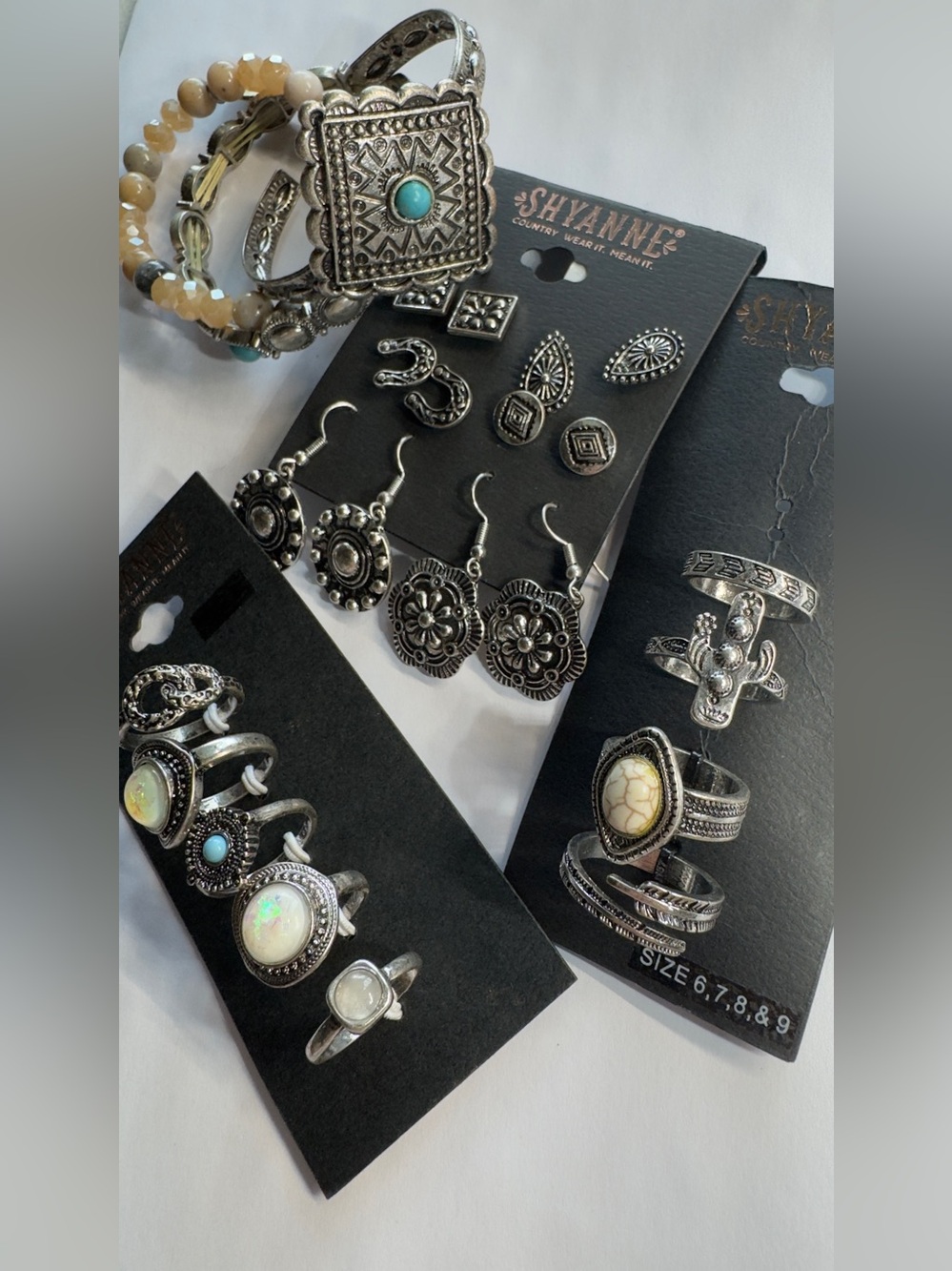Shyanne Silver-Tone Rings & Earrings Set with Turquoise and Cream Accent